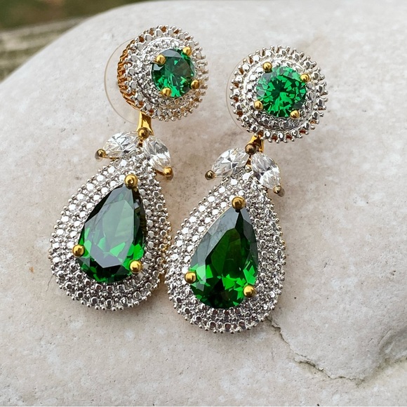 Emerald CZ drop earrings converts to studs or dangle halo gold tone - Picture 2 of 14
